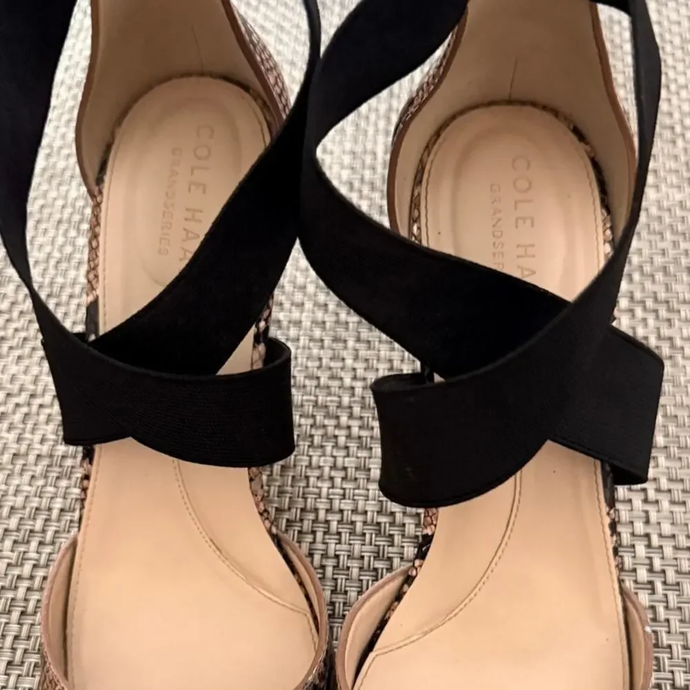 COLE HAAN Cole Maikki Elastic Criss Cross Snake Skin Pumps Heels 7.5 Beige Brown